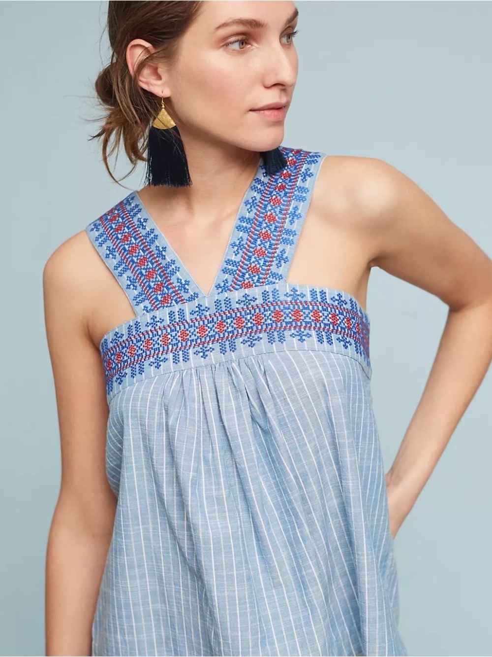 Kopal Anthropologie Leland embroidered top babydoll tank blue boho festival XS
